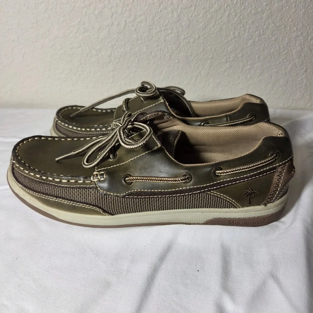 Margaritaville Mens Boat Shoes Olive Green Leather Textile Loafers Size 10 S1592